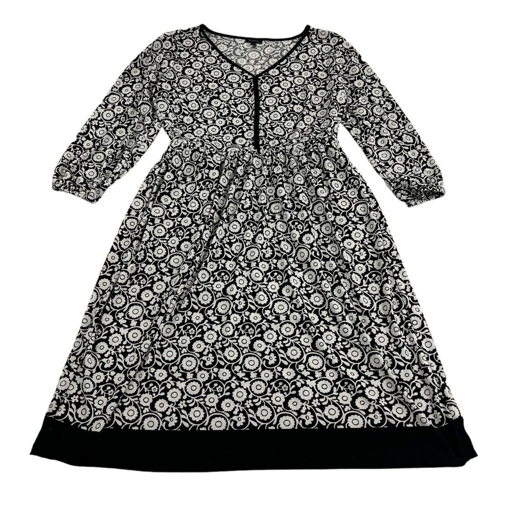 Talbots A-Line Dress Women's Small Black White Floral 3/4 Sleeve V-Neck Stretch